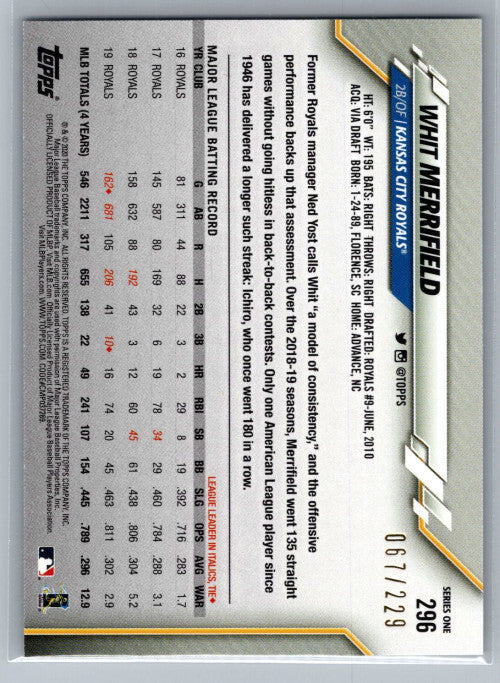 2020 Topps Factory Set Sparkle Foil #296 Whit Merrifield 67/229 - NM