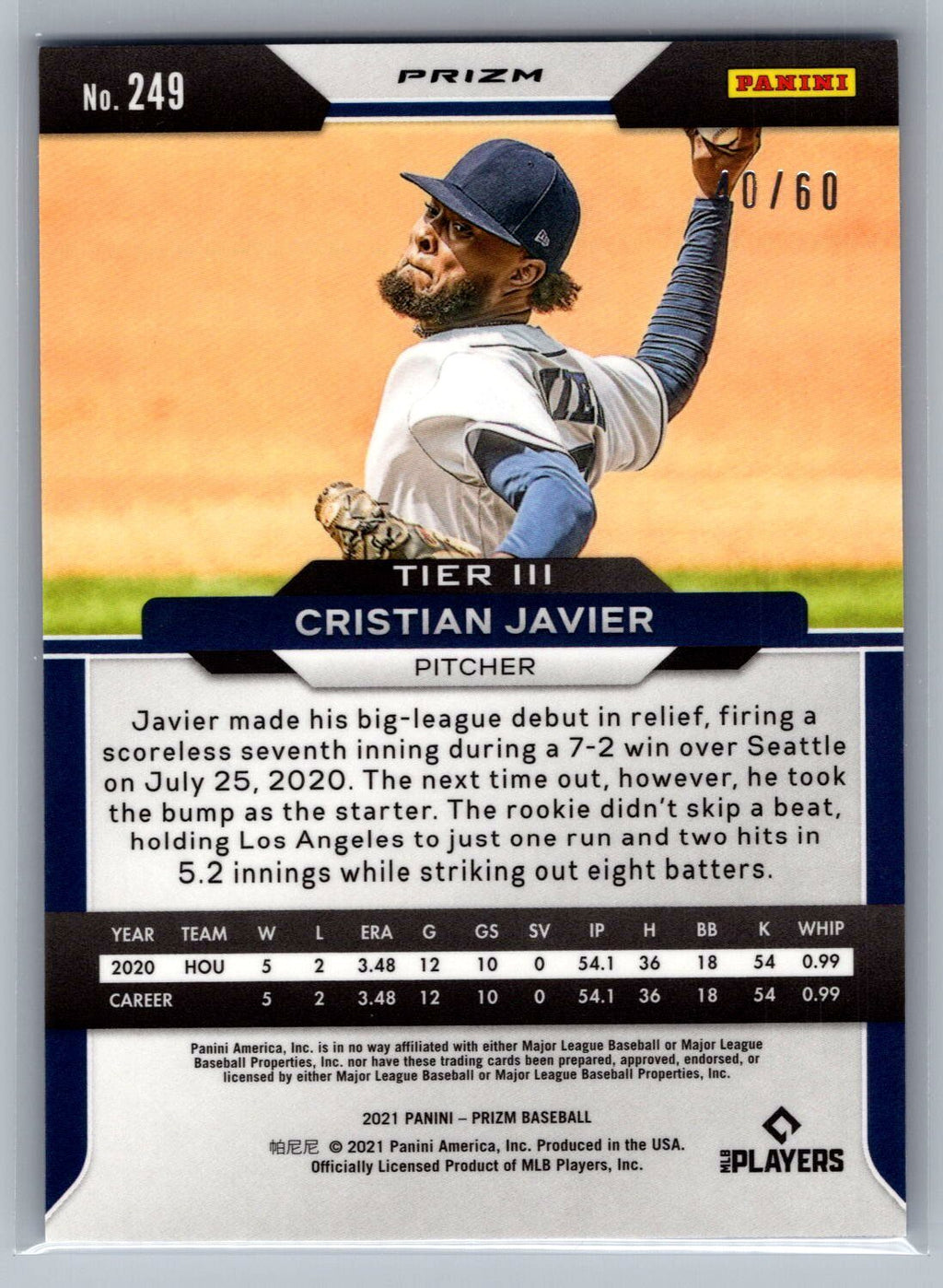 2021 Panini Prizm #249 Cristian Javier Blue Wave Prizm 40/60