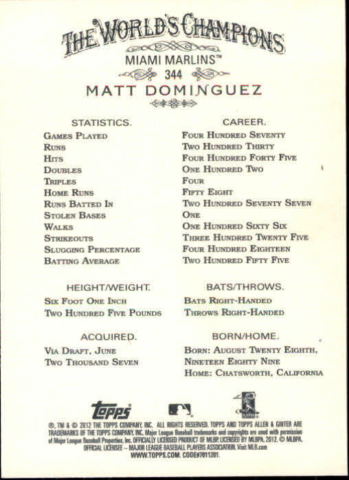 2012 Topps Allen and Ginter #344 Matt Dominguez SP RC - NM