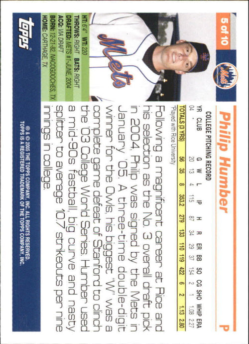 2005 Topps Factory Set First Year Player Bonus #5 Philip Humber - NM