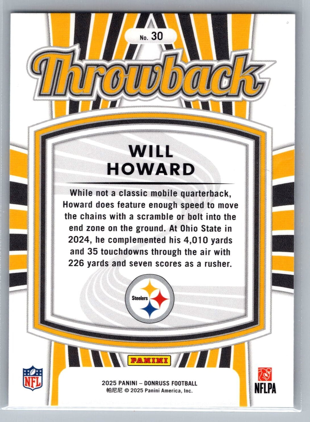 2025 Donruss Rated Rookies Throwback #30 Will Howard - NM