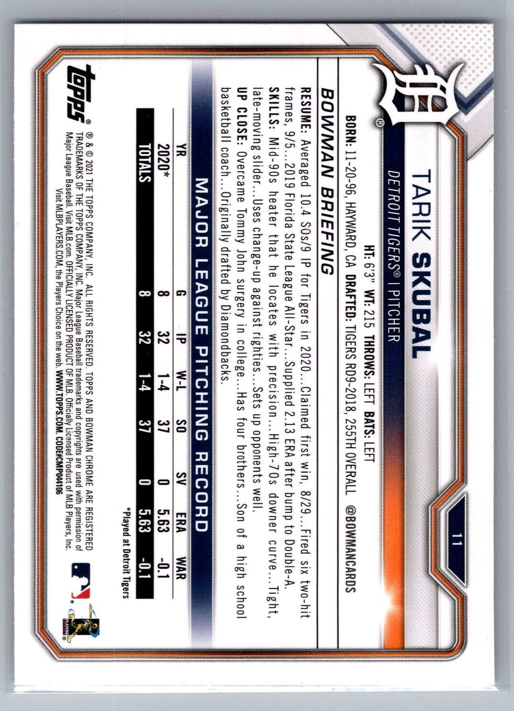 2021 Bowman #11 Tarik Skubal RC