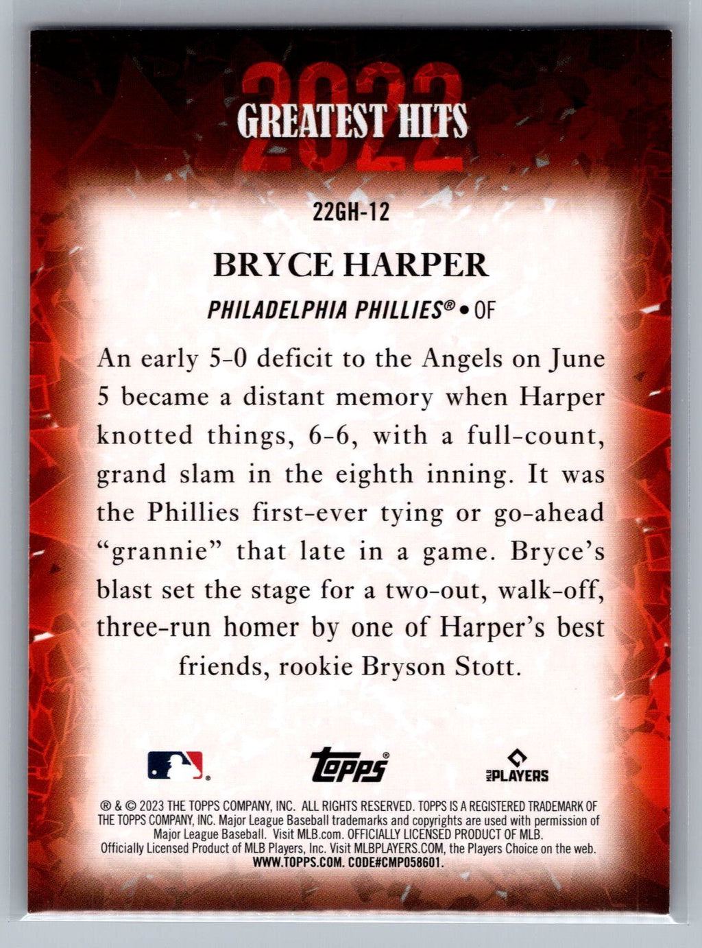 2023 Topps #22GH-12 Bryce Harper 2022 Greatest Hits