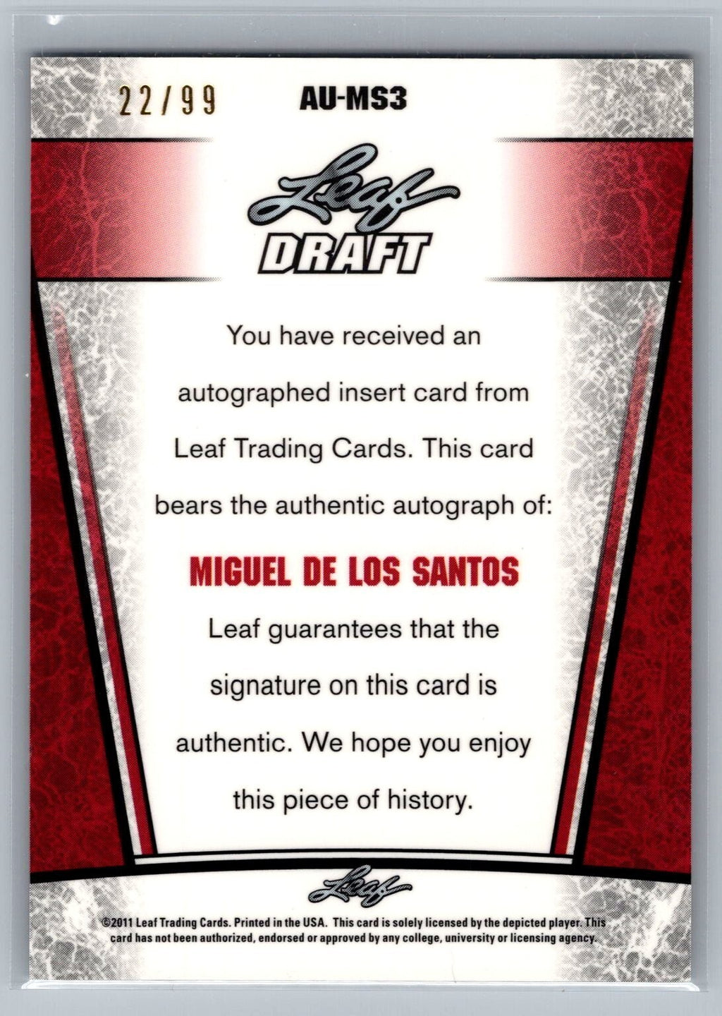 2011 Leaf Metal Draft Prismatic #MS3 Miguel de los Santos 22/99