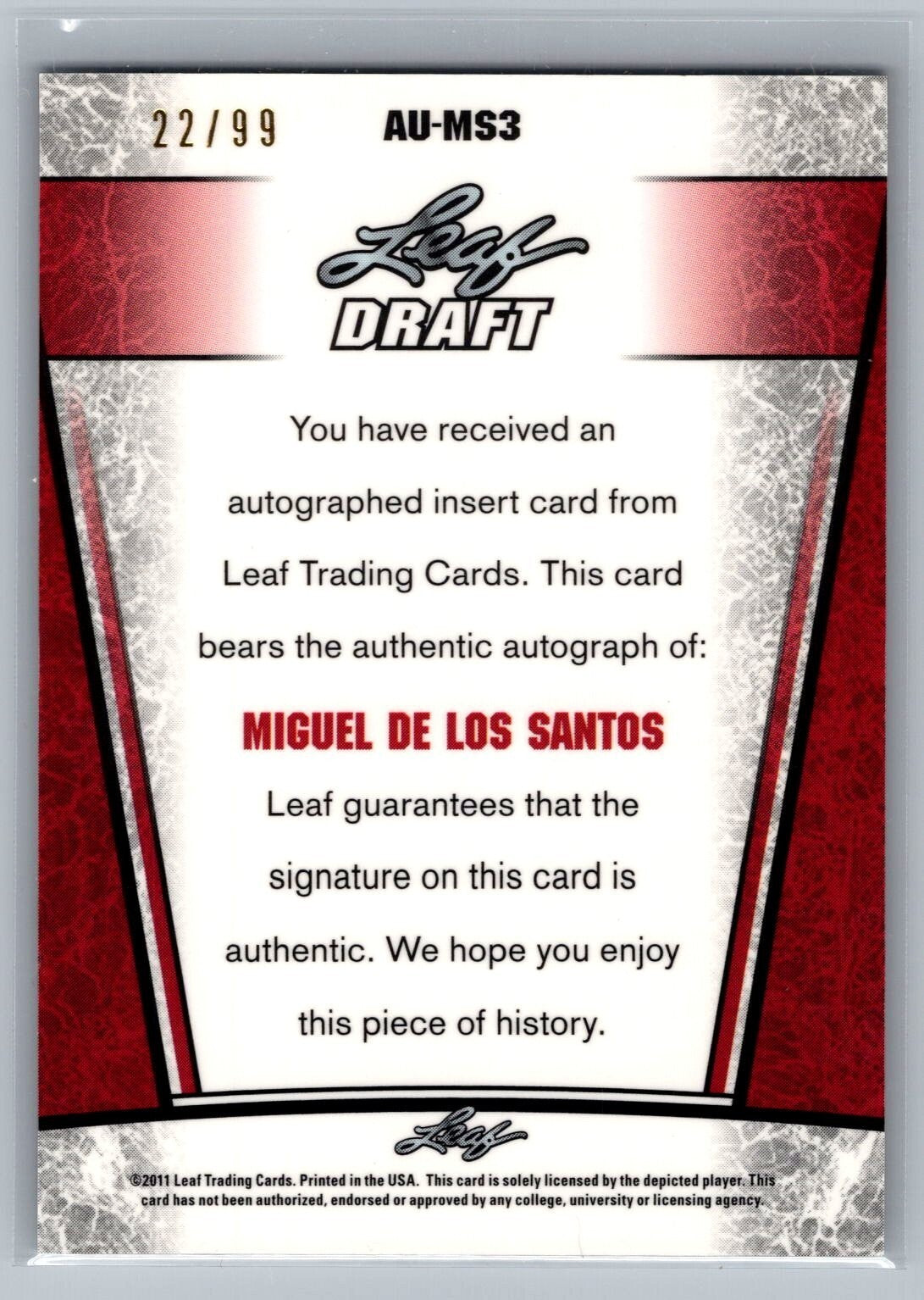 2011 Leaf Metal Draft Prismatic #MS3 Miguel de los Santos 22/99
