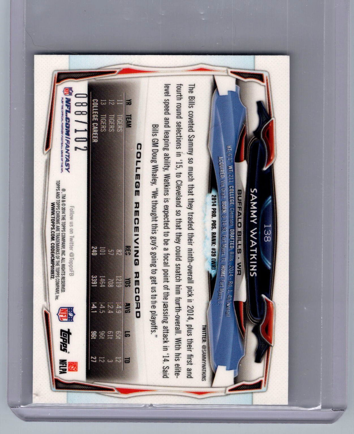 2014 Topps Chrome #138 Sammy Watkins Mini Pulsar Refractors /102