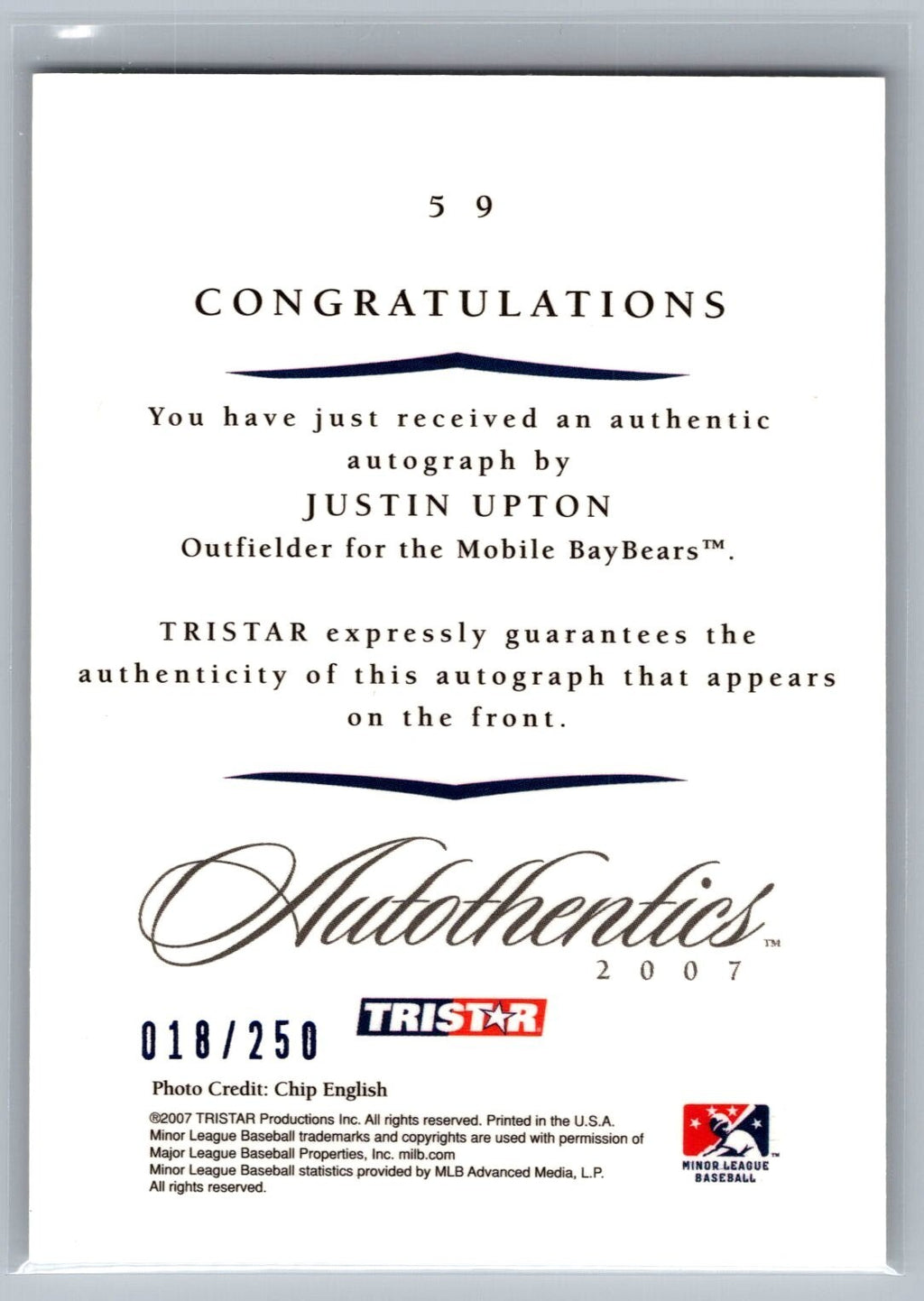 2007 TRISTAR Autothentics Autographs Blue #59 Justin Upton #'d 18/250