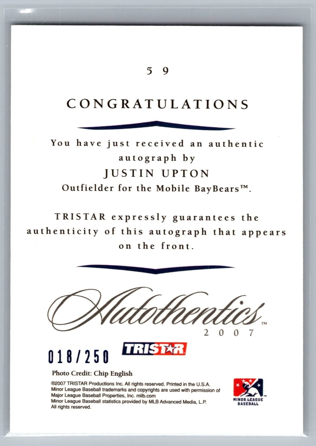2007 TRISTAR Autothentics Autographs Blue #59 Justin Upton #'d 18/250