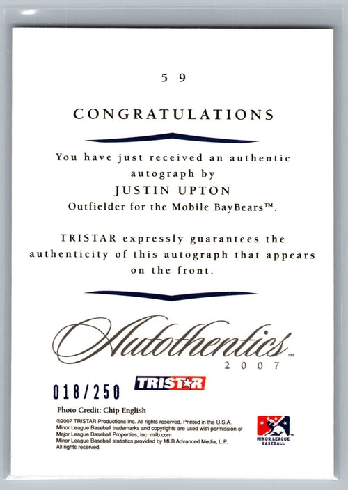 2007 TRISTAR Autothentics Autographs Blue #59 Justin Upton #'d 18/250