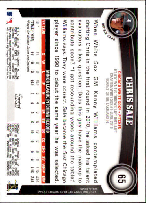 2011 Topps #65 Chris Sale RC - NM