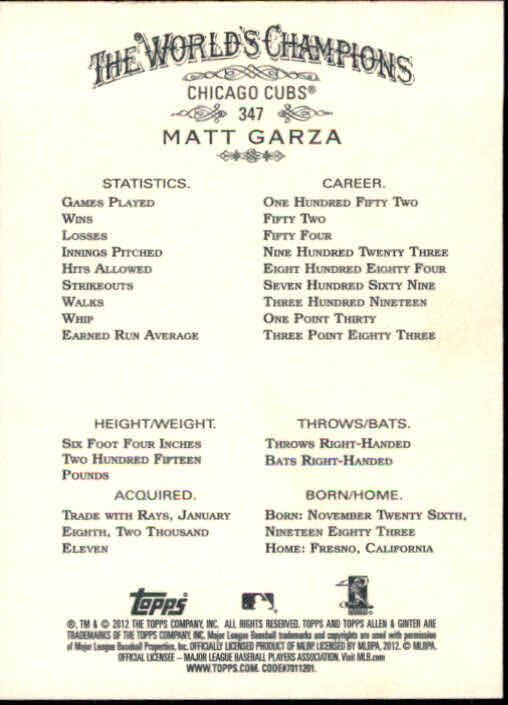 2012 Topps Allen and Ginter #347 Matt Garza SP - NM