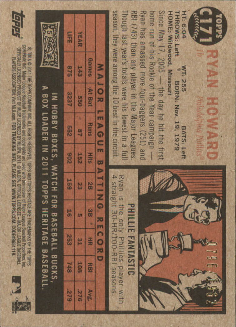 2011 Topps Heritage Chrome #C171 Ryan Howard 1522/1962 - NM