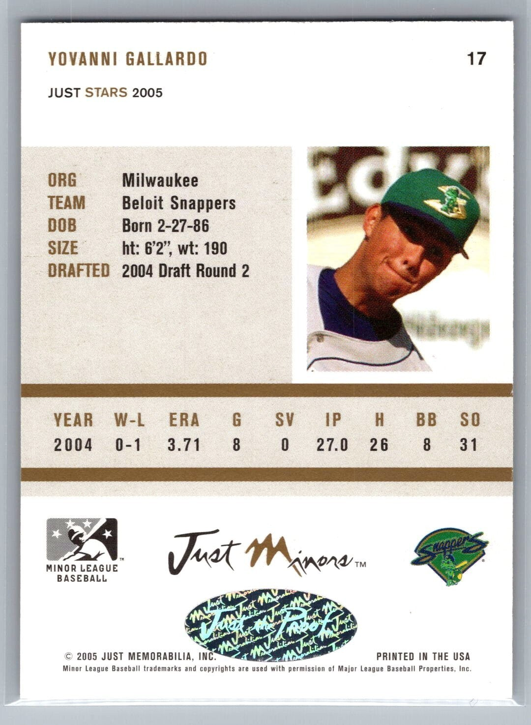 2005 Just Stars Autographs #17 Yovani Gallardo Auto /825