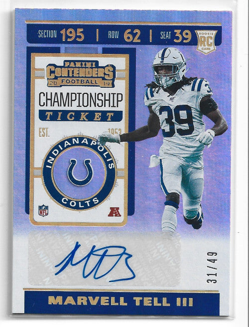 2019 Panini Contenders Championship Ticket #237 Marvell Tell III Auto 31/49 - NM