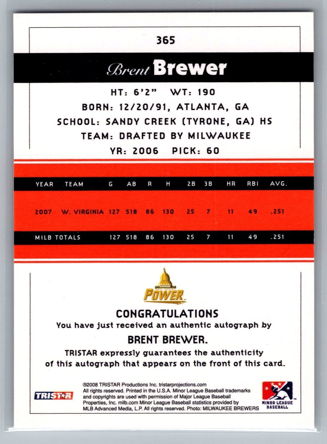 2008 TRISTAR PROjections Autographs #365 Brent Brewer Auto