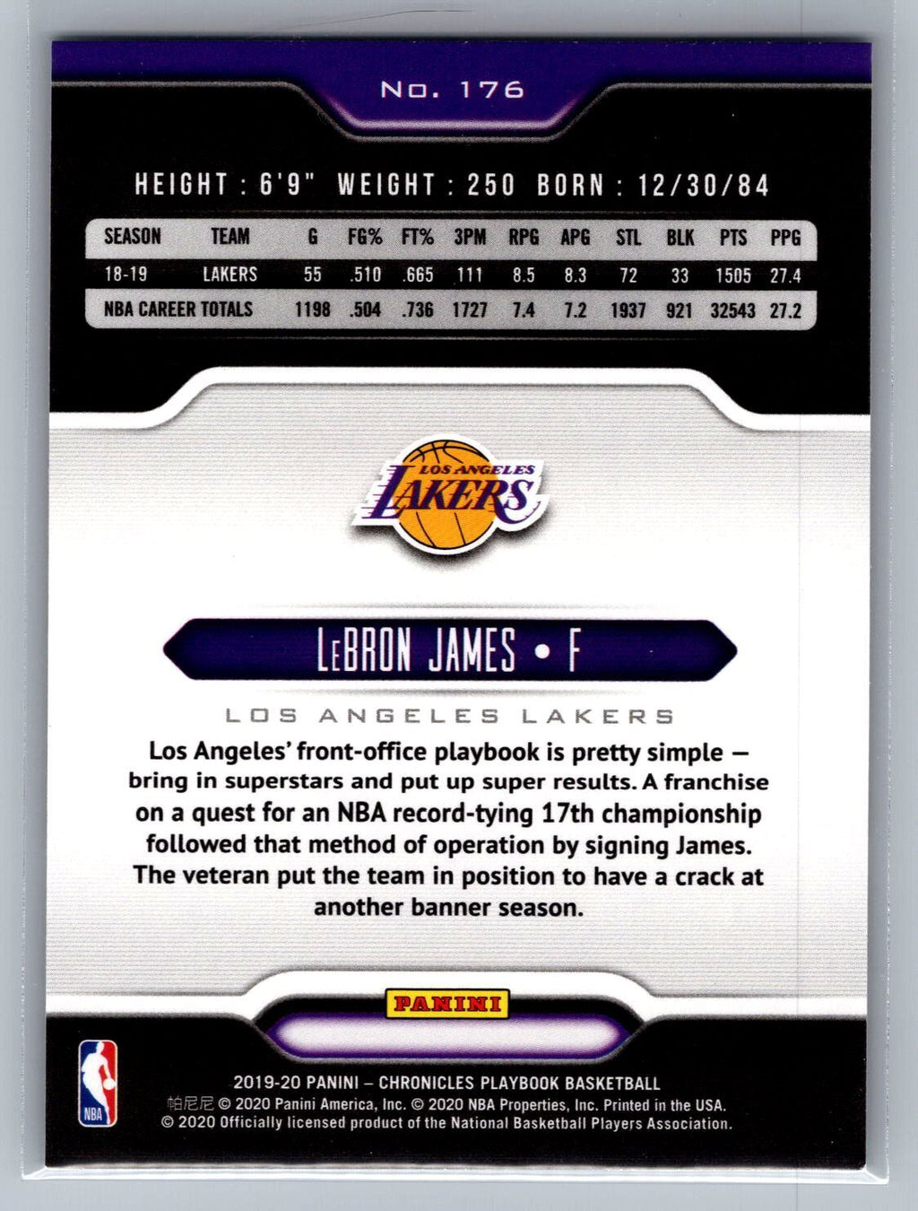 2019-20 Panini Chronicles #176 LeBron James Playbook