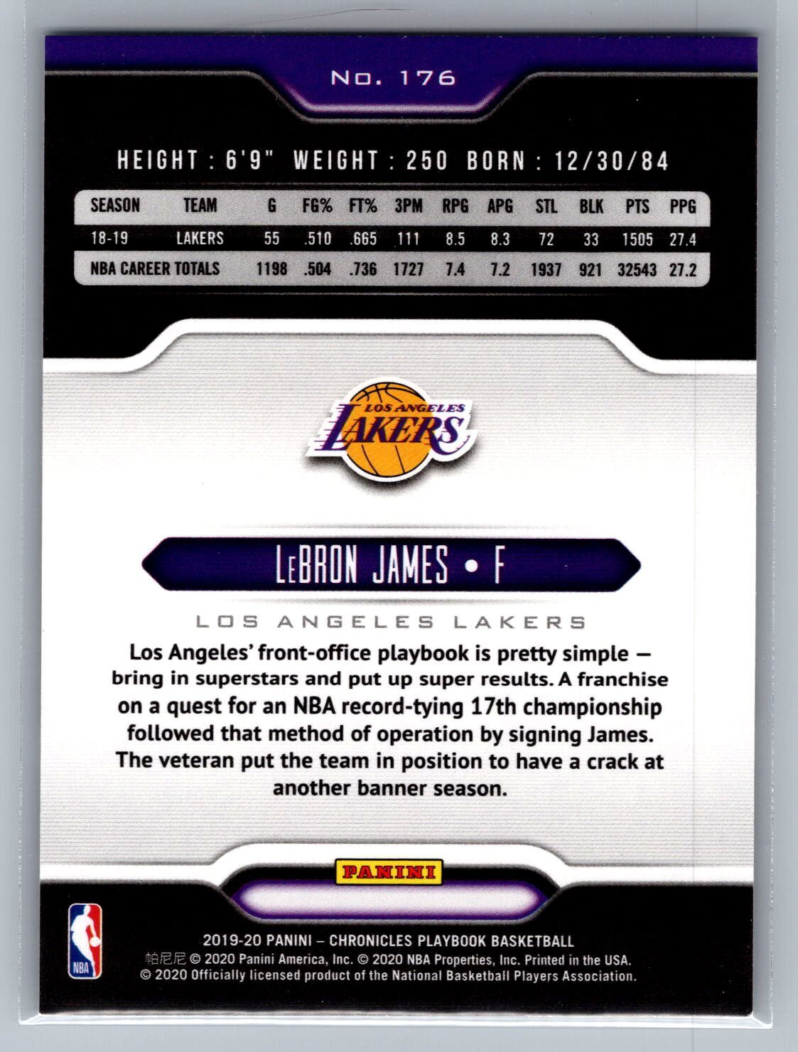 2019-20 Panini Chronicles #176 LeBron James Playbook