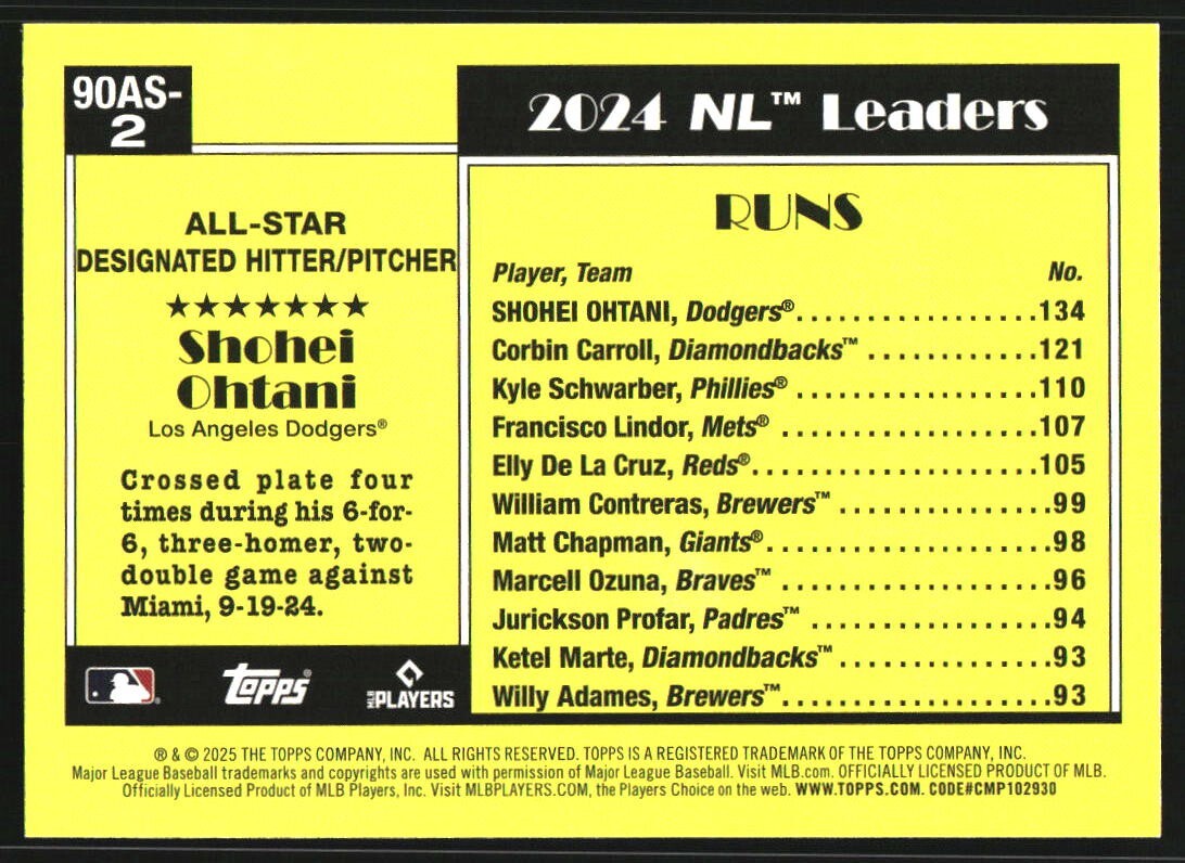 2025 Topps '90 Topps All Star #90AS2 Shohei Ohtani - NM