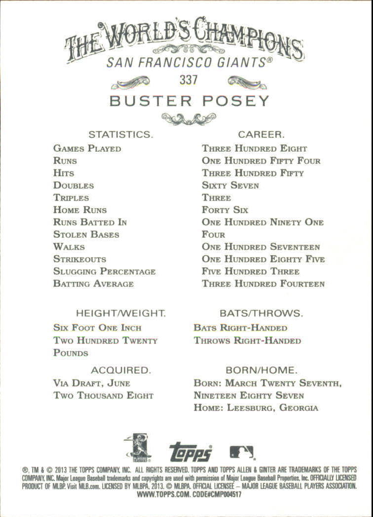 2013 Topps Allen and Ginter #337 Buster Posey SP - NM