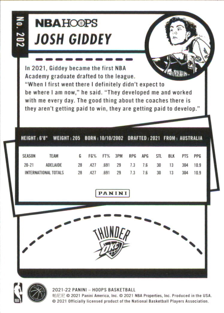 2021-22 Hoops #202 Josh Giddey RC - NM