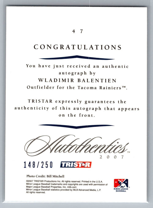 2007 TRISTAR Autothentics Autographs Blue #47 Wladimir Balentien #'d 148/250