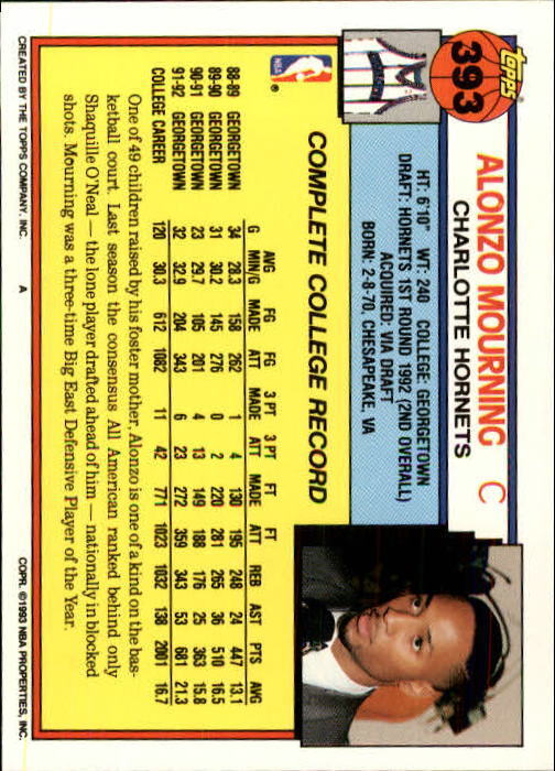 1992-93 Topps #393 Alonzo Mourning RC - NM