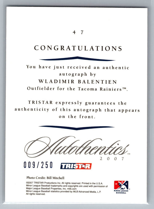 2007 TRISTAR Autothentics Autographs Blue #47 Wladimir Balentien #'d 9/250
