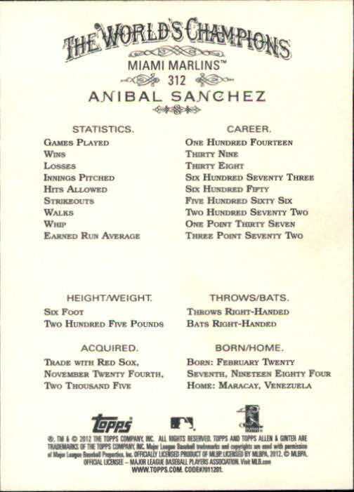 2012 Topps Allen and Ginter #312 Anibal Sanchez SP - NM