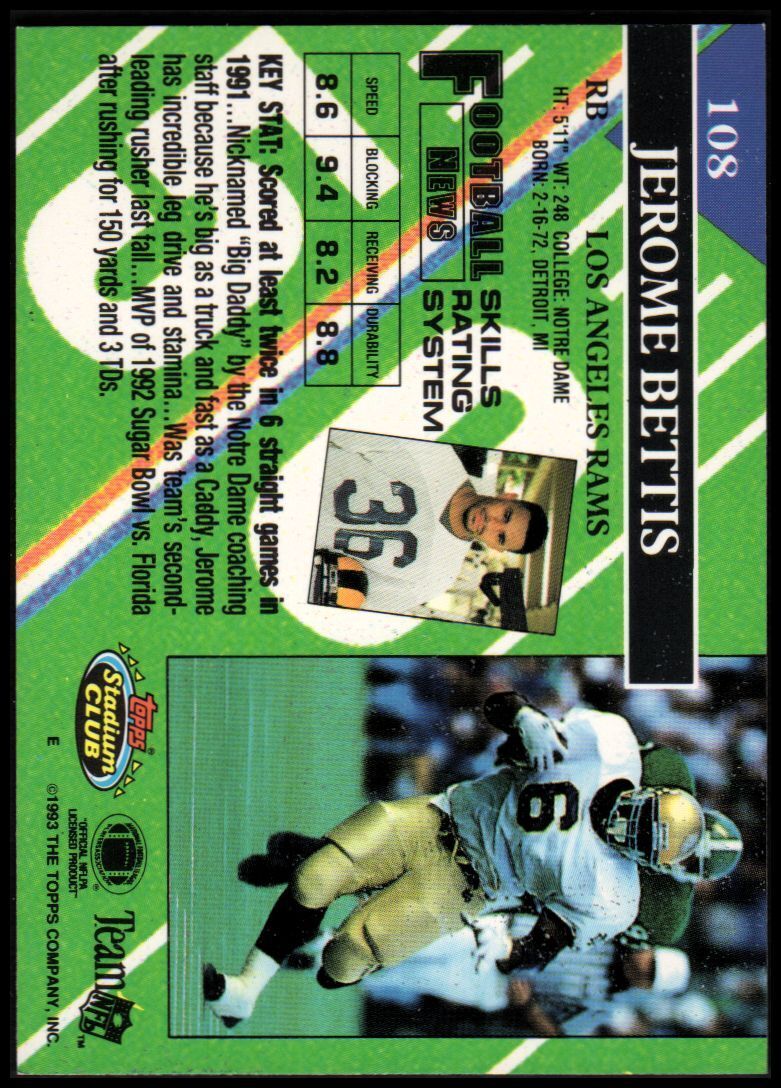 1993 Stadium Club #108 Jerome Bettis RC - NM