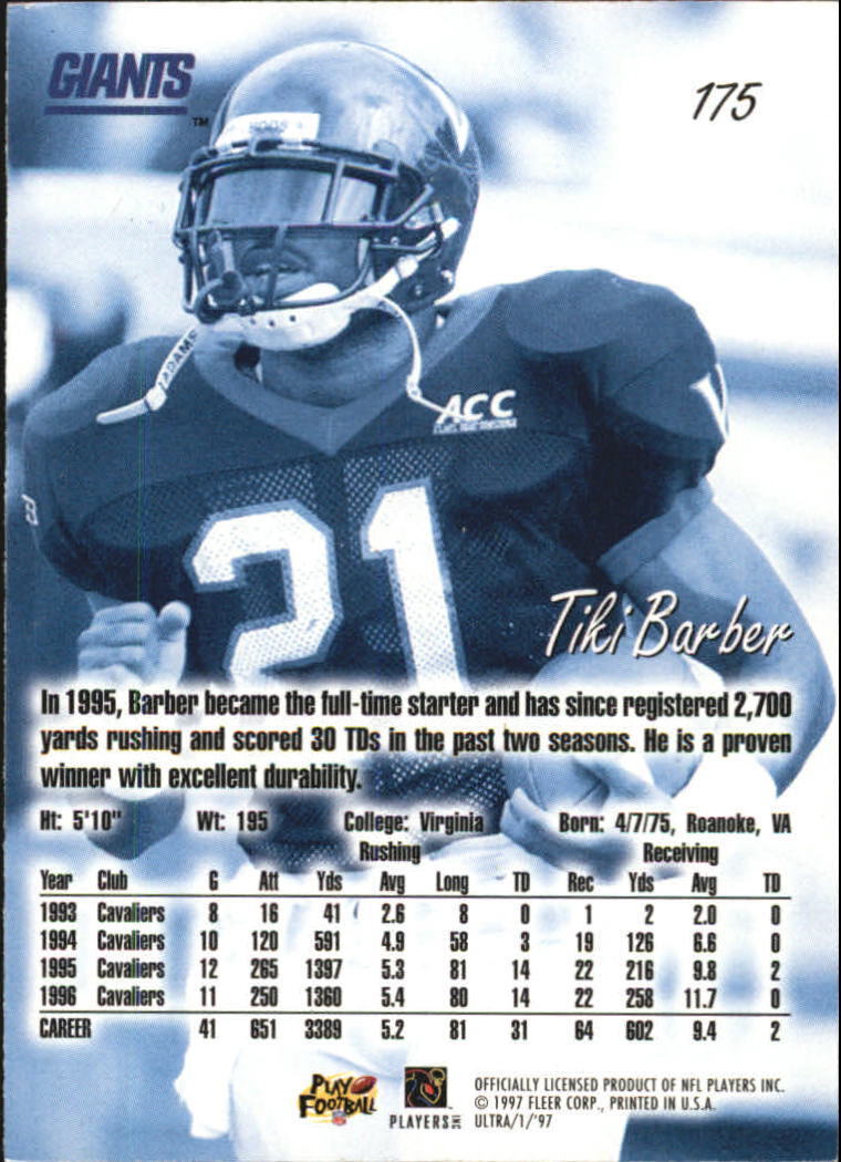 1997 Ultra #175 Tiki Barber RC - NM