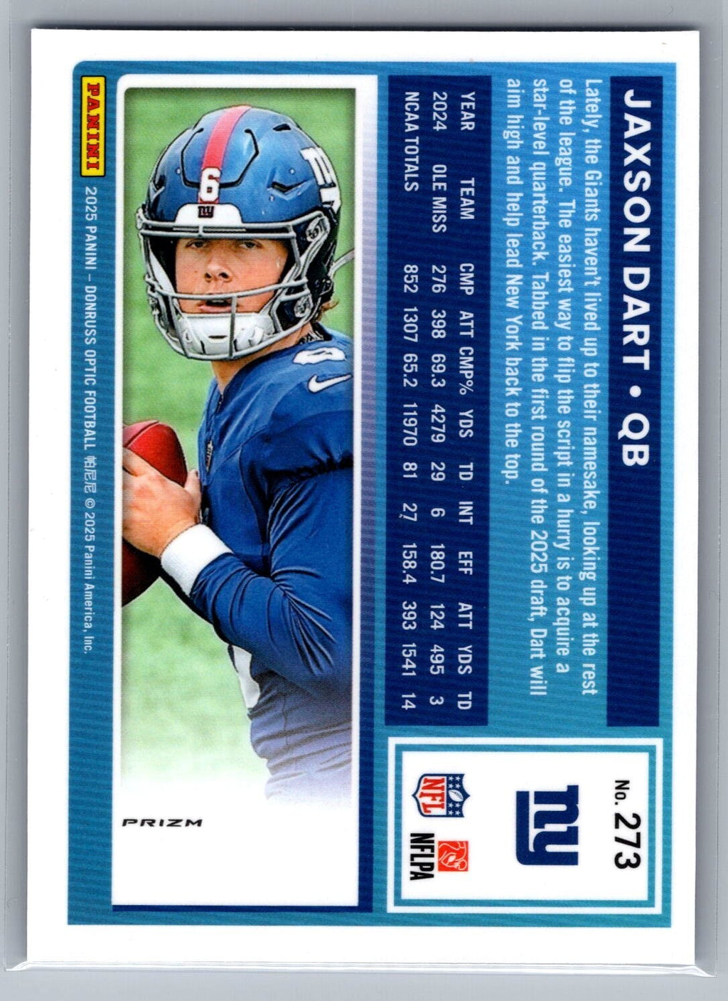 2025 Donruss Optic #273 Jaxson Dart Blue Hyper