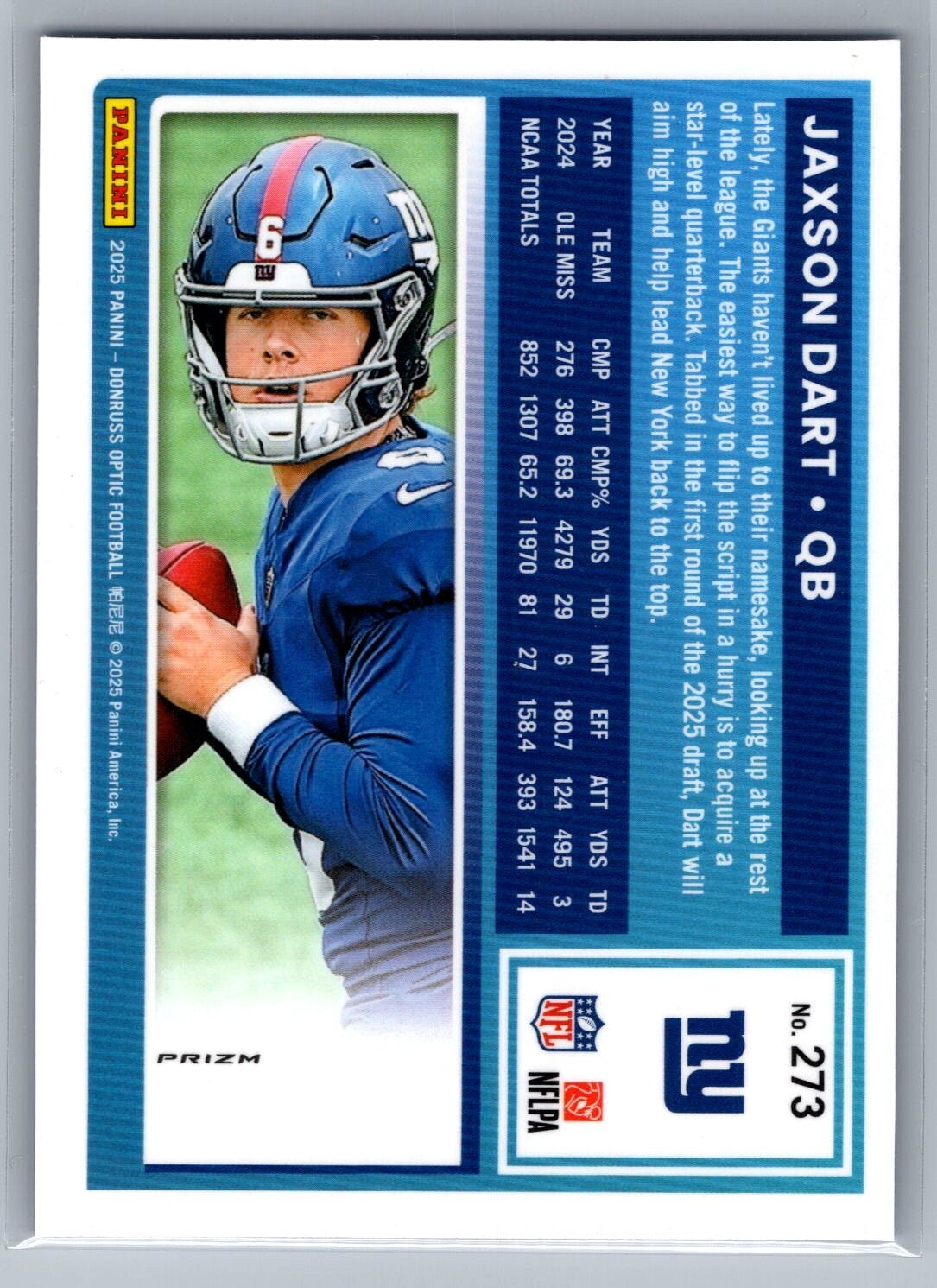 2025 Donruss Optic #273 Jaxson Dart Blue Hyper
