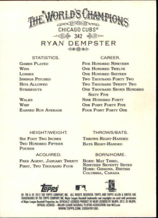 2012 Topps Allen and Ginter #342 Ryan Dempster SP - NM