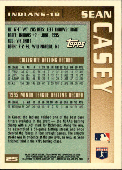 1996 Topps #25 Sean Casey RC - NM