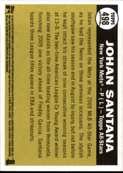 2010 Topps Heritage #498 Johan Santana AS SP - NM
