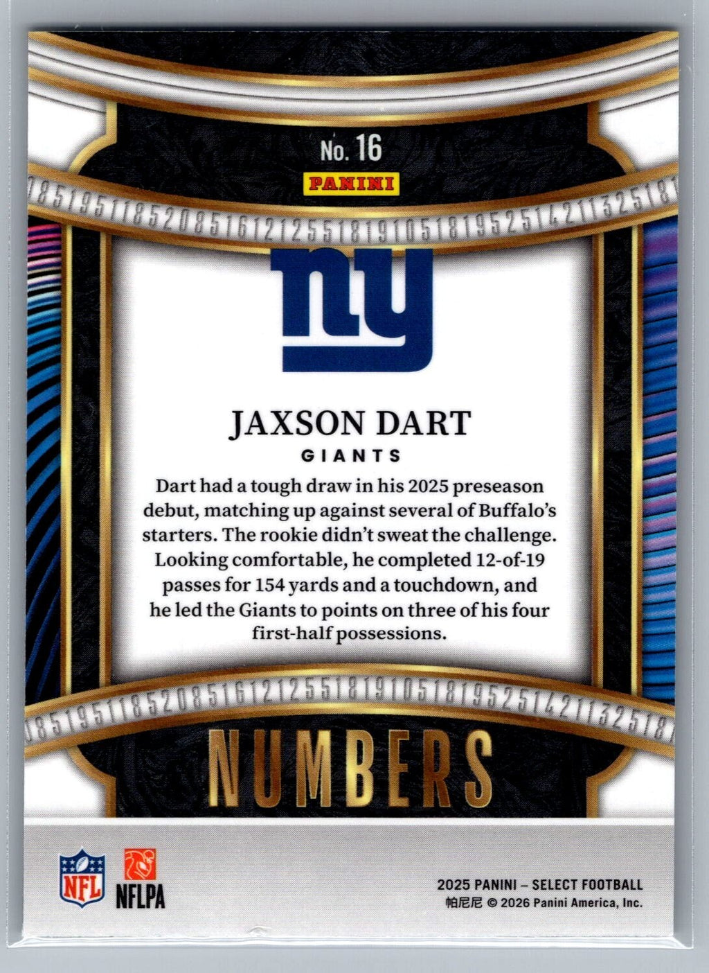 2025 Select Select Numbers #16 Jaxson Dart - NM