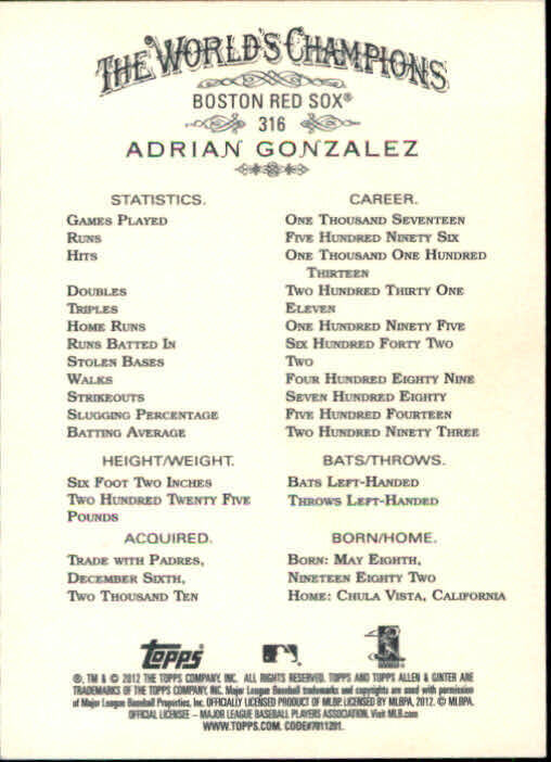 2012 Topps Allen and Ginter #316 Adrian Gonzalez SP - NM
