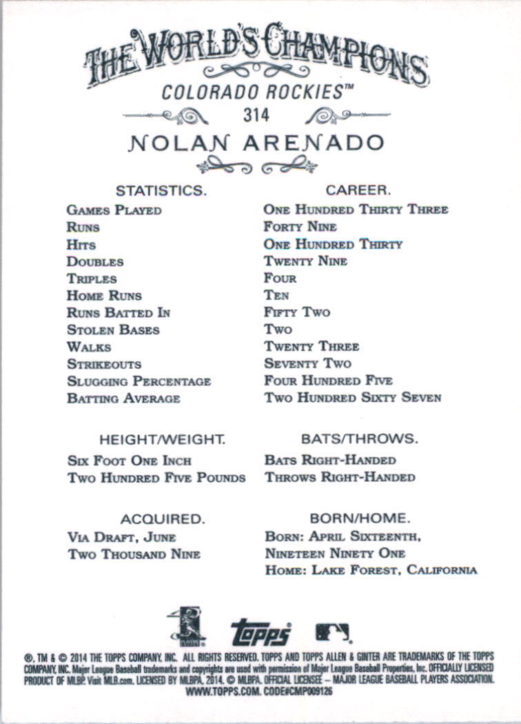 2014 Topps Allen and Ginter #314 Nolan Arenado SP - NM