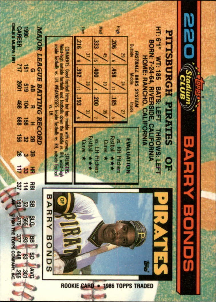 1991 Stadium Club #220 Barry Bonds - NM