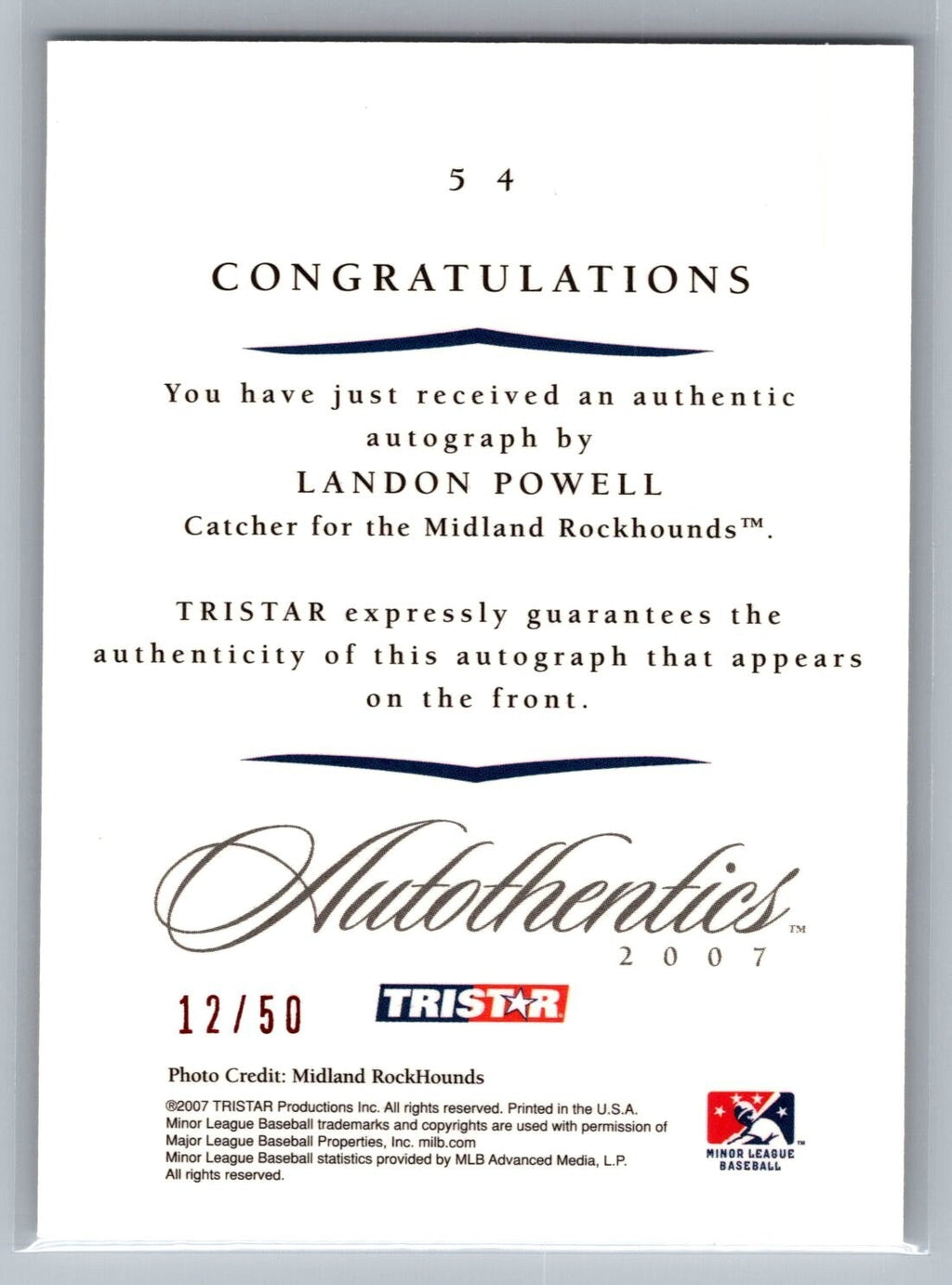 2007 TRISTAR Autothentics Autographs Red #54 Landon Powell #'d 12/50