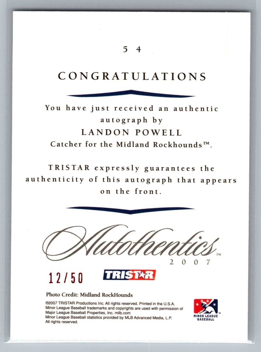 2007 TRISTAR Autothentics Autographs Red #54 Landon Powell #'d 12/50