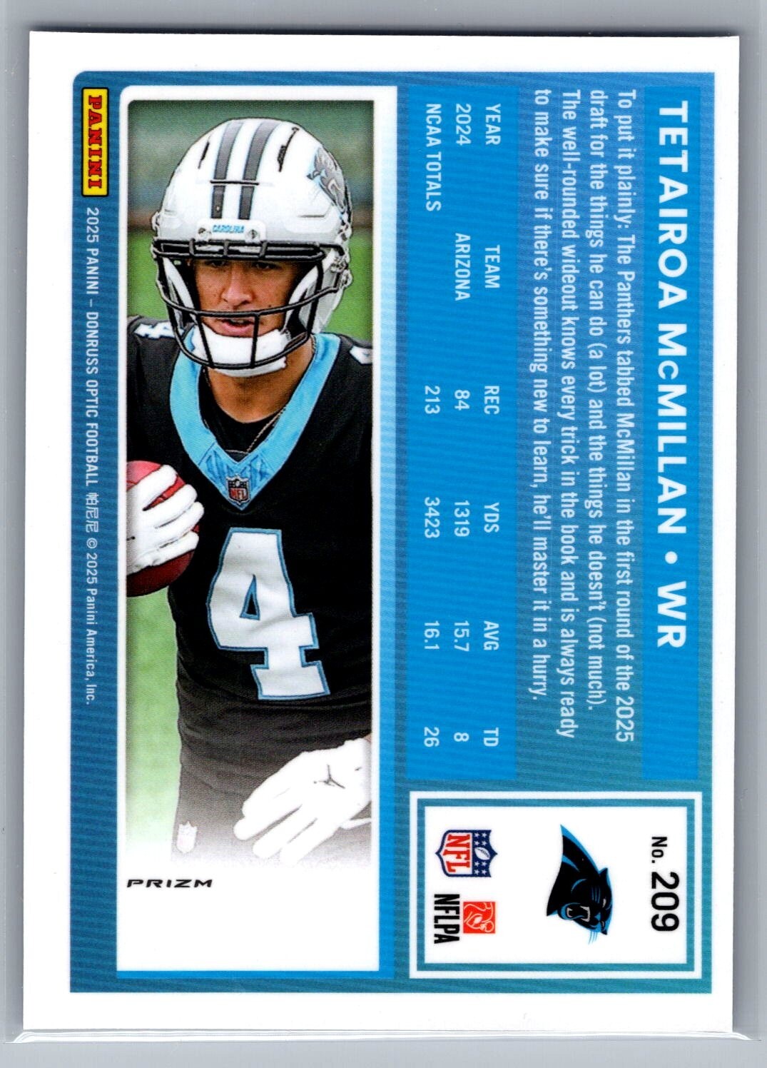 2025 Donruss Optic #209 Tetairoa McMillan Blue Hyper