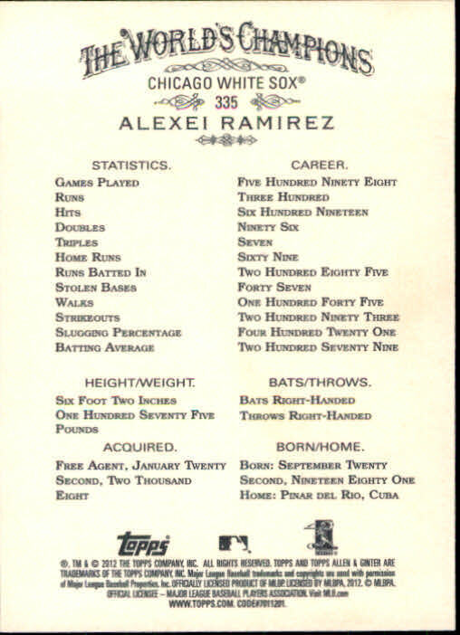 2012 Topps Allen and Ginter #335 Alexei Ramirez SP - NM