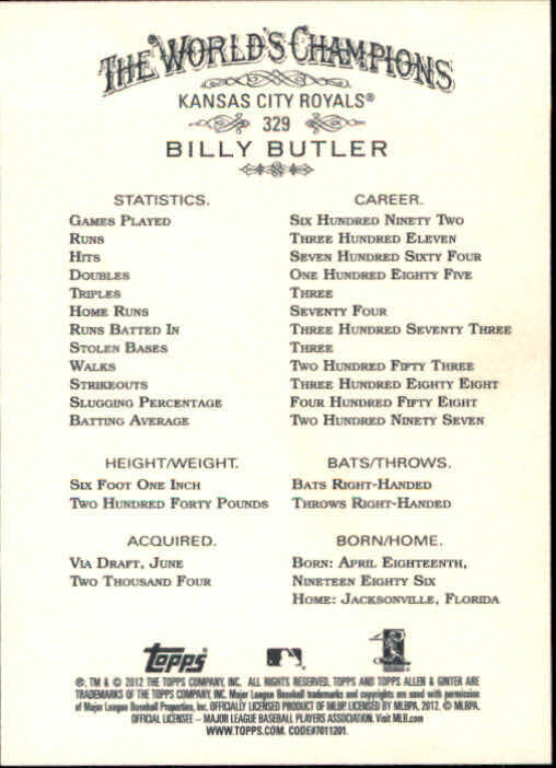 2012 Topps Allen and Ginter #329 Billy Butler SP - NM