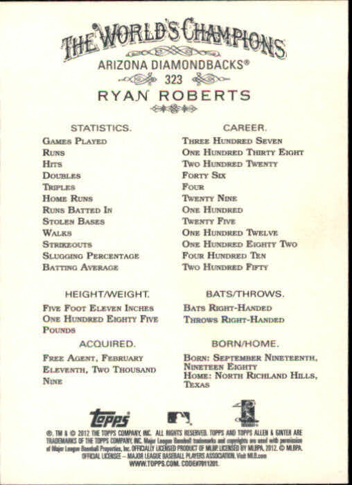 2012 Topps Allen and Ginter #323 Ryan Roberts SP - NM