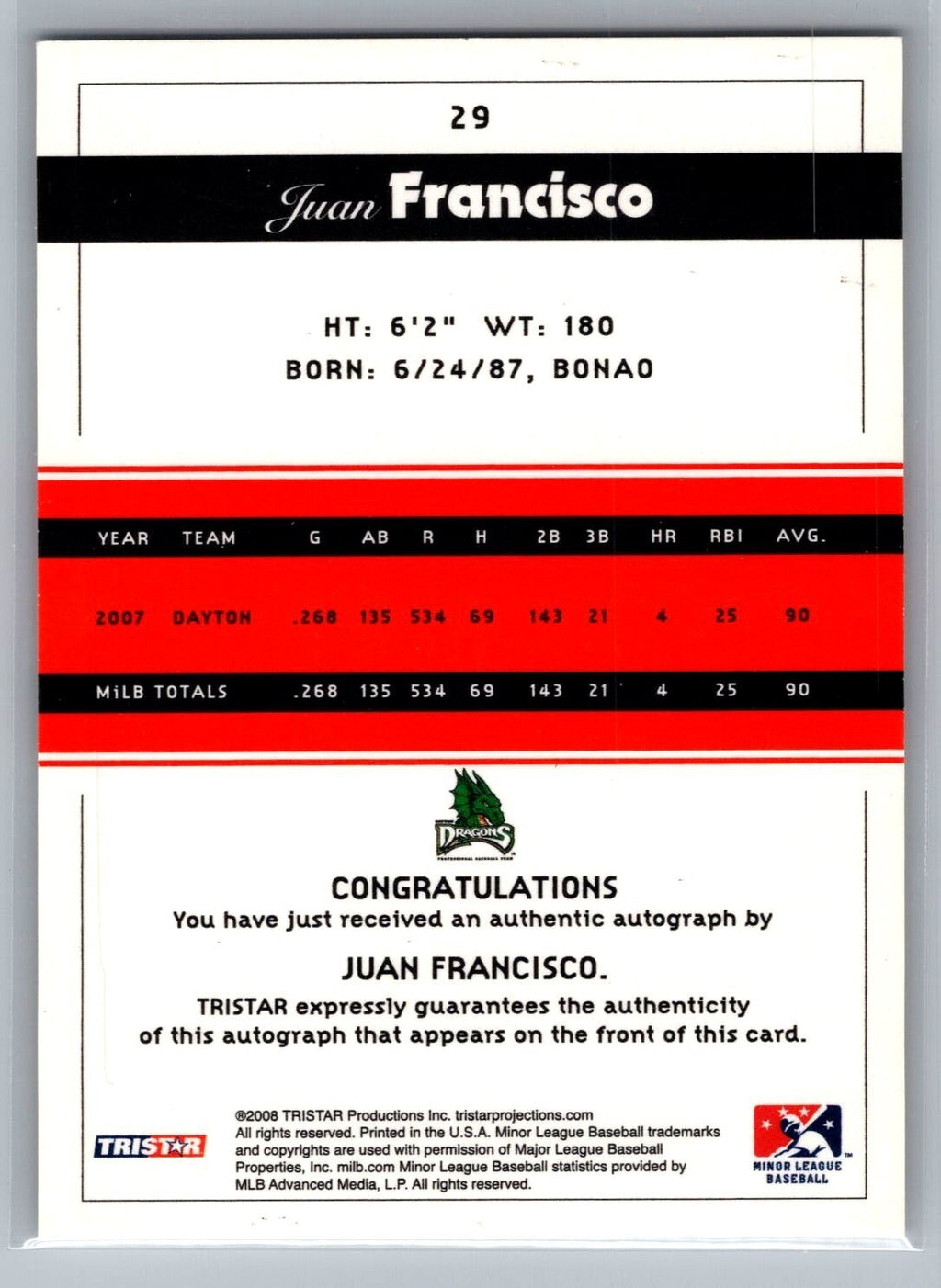 2008 TRISTAR PROjections Autographs #29 Juan Francisco