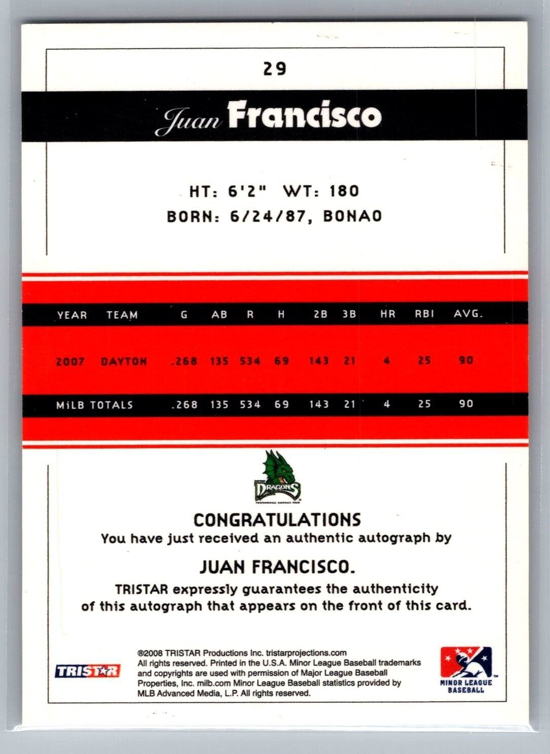2008 TRISTAR PROjections Autographs #29 Juan Francisco