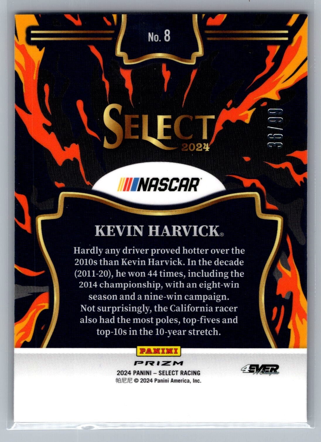2024 Panini Select #8 Kevin Harvick En Fuego Red Prizms 36/99