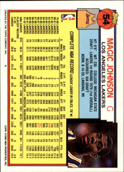 1992-93 Topps #54 Magic Johnson - NM