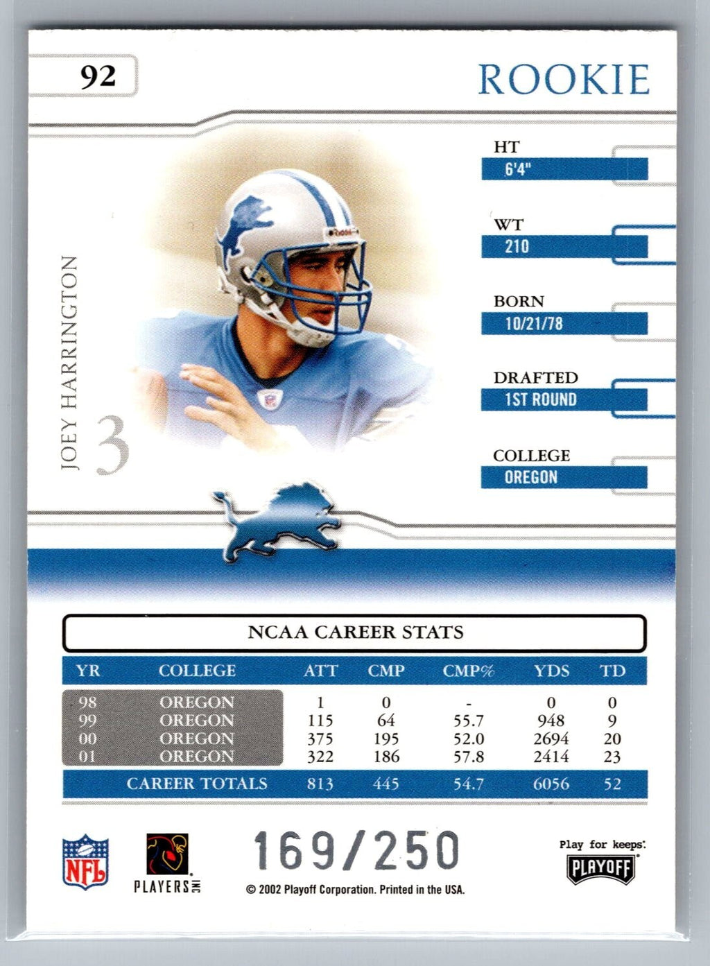2002 Playoff Prime Signatures #92 Joey Harrington RC 169/250